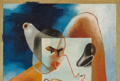 ENRICO PRAMPOLINI, Italian (1894-1956), Surrealist Composition, oil on panel, signed, 45 3/4 x 35 inches, Estimate: $8,000-12,000