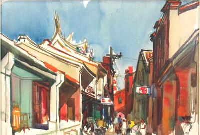 The top lot of the auction at $30,000 was this Shiy De-Jinn watercolor of a temple and busy street scene, is noted for its bold use of color.