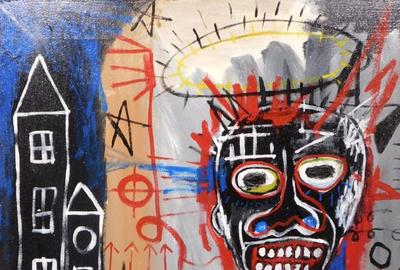 Untitled oil on canvas painted in the manner of Jean-Michel Basquiat (Am., 1960-1988), 36.25 inches by 29 inches, unframed, signed and dated 1983 (est.  $20,000-$30,000).