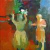 Elmer Bischoff, "Two Women in Vermillion Light," 1959.  Oil on canvas, 67 1/2 x 67 1/2 inches,.  San Jose Museum of Art, Gift of Ann-Marie and Averill Mix.