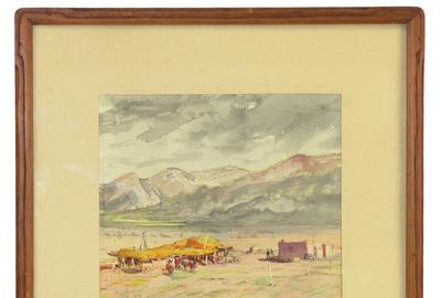 Circa-1940 watercolor painting by Oscar Berninghaus (Am., 1874-1952), titled Ranch Corals, New Mexico, housed in the original frame (est.  $6,000-$12,000).