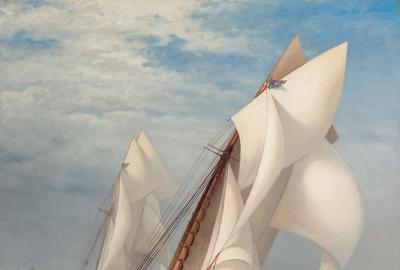 Lot 61, EDWARD MORAN, American (1829-1901), "The Winning Yacht, “oil on canvas, circa 1877, signed, 40 x 32 inches, estimate $40,000-60,000 Sold for US$112,500 