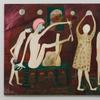 John Serl, Untitled (White Horned Creatures, Birds, Number Board), 1975, oil on board, 36 x 72”