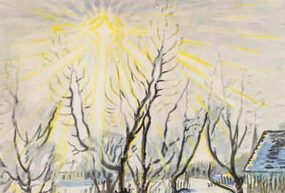 Watercolor on joined two sheets of paper by Charles Burchfield (American, 1893-1967), titled January Sun (1948/57), numbered “62” lower left, 39 inches by 33 ½ inches (sight) ($375,000).