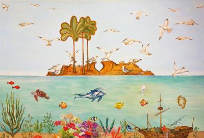 Ognyan Kostov Kolev, The Island of the Seagulls, Acrylic & Gold on Canvas, 20'' x 27.5''