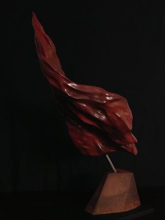 Flame of Excellence by Santiago Medina: bronze, rust finish steel base, [26 x 12x 8 inches- 2013]