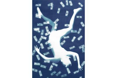 Nancy Wilson-Pajic, Falling Angel VI: Dollars Unique photogram in cyanotype 88 X 56,8 in