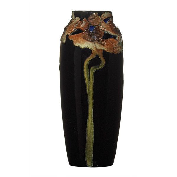 Lot 1: John Dee Wareham/Rookwood, Reticulated Black Iris Vase, $20,000 – $30,000.