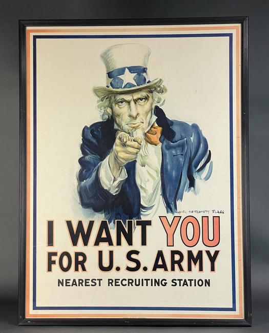 James Montgomery Flagg (American, 1870-1960), ‘I WANT YOU FOR U.S.  ARMY’ poster, 1917, published by Leslie Judge Co., N.Y.  Framed: 42 x 31½ in.  Estimate $4,000-$6,000