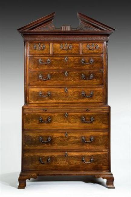 IMPORTANT GEORGE 111 MAHOGANY TALLBOY IN THE MANNER OF ROBERT GILLOW WITH AN ARCHITECTURAL FRETWORK PEDIMENT AND FINELY FLUTED COLUMNS.  