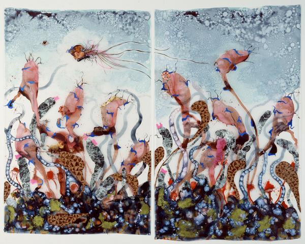 Wangechi Mutu (b.  1972, Nairobi; based in Brooklyn).  Funkalicious fruit field, 2007.  Ink, paint, mixed media, and plastic pearls on Mylar, 92 1/8 x 106 in.  Collection of Glenn Scott Wright, London.  Courtesy the artist and Victoria Miro, London.  © Wangechi Mutu.  Image courtesy the artist and Victoria Miro, London