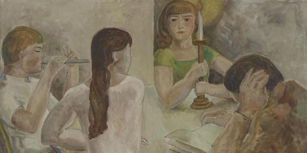 The Family Evening , oil on canvas, ca.  1924, by Marguerite Zorach, American, 1887 – 1968.  Gift of Dahlov Ipcar and Tessim Zorach, Bowdoin College Museum of Art, Brunswick, Maine .