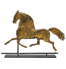 Elegant 19th-century weathervane depicting famous American trotter ‘Black Hawk’ (1833-1856), attributed to J.W.  Fiske, New York City, hollow copper body with sheet copper mane and tail, 25.5 x 18.5 x 4in.  Estimate $2,000-$3,000