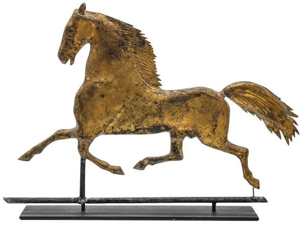 Elegant 19th-century weathervane depicting famous American trotter ‘Black Hawk’ (1833-1856), attributed to J.W.  Fiske, New York City, hollow copper body with sheet copper mane and tail, 25.5 x 18.5 x 4in.  Estimate $2,000-$3,000