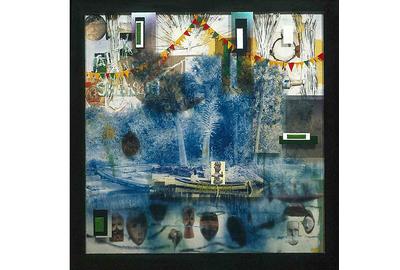 Radcliffe Bailey, En Route, 2005.  Mixed media with photograph on Plexiglas, coconut palms, felt, acrylic, and wood.  High Museum of Art, Atlanta, Purchase with David C.  Driskell African American Art Acquisition Fund, 2006.21.