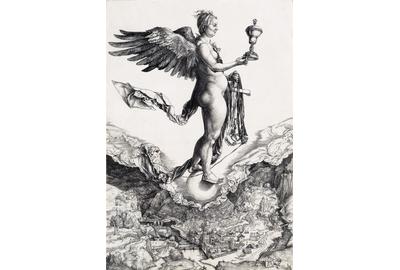 Lot 10: Albrecht Dürer, The Nemesis, engraving, circa 1501-02.  Estimate $80,000 to $120,000.