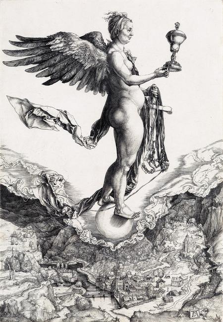 Lot 10: Albrecht Dürer, The Nemesis, engraving, circa 1501-02.  Estimate $80,000 to $120,000.