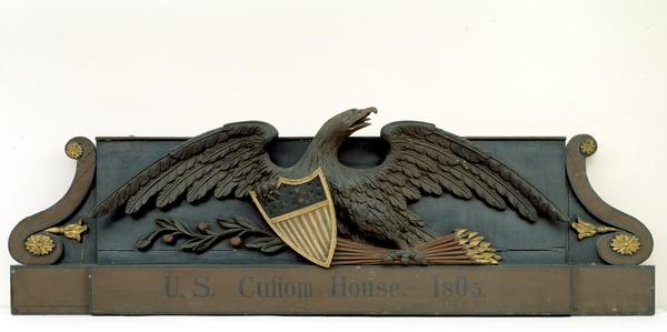 Samuel McIntire (1757-1811).  Sign from first U.S.  Custom House.  1805, Salem, Massachusetts.  Painted and gilded pine.