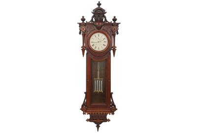 This E.  Howard & Co.  No.  49 hanging regulator ($100/150,000) has its original 14-inch painted metal dial signed “E.  Howard & Co., Boston,” brass, signed 8-day weight driven time only movement, 104 inches tall.