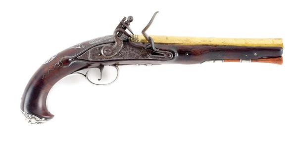 Extremely rare .60-caliber smoothbore silver-mounted officer’s pistol made at Rappahannock Forge, Va., for private purchase.  Signed ‘J.  Hunter,’ bears touchmark of rifle-maker John Frederick Klette (1756-1810), Estimate $250,000-$500,000