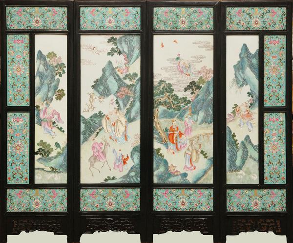 This large 19th century Chinese porcelain four-panel screen has a pre-sale estimate of $30,000-$40,000.