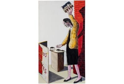 Benny Andrews (1930-2006), Evangelist (America Series), 1990 oil and collage on canvas, 42 x 24 x 1/2 inches / 106.7 x 61 x 1.3 cm, signed