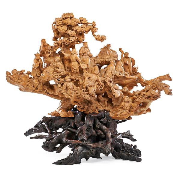 Lot 1024: Chinese Boxwood sculpture with Rootwood stand, $4,500–6,500