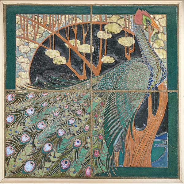 Lot 102: Frederick H.  Rhead/University City, Peacock Tile Panel, $250,000 – $350,000