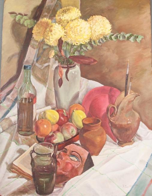 Lot 91, a Zinaida Serebriakova (1884-1967) Russian Oil Board featuring a still life painting of fruits, flowers and vases.  Measuring at 31 inches by 24 inches, this Serebriakova piece is expected to exceed its high estimate of $12,000