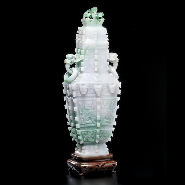 Archaistic Jadeite Lidded Wine Vessel - realized $132,000