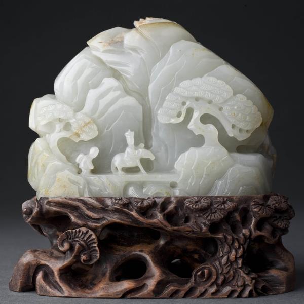 Very Fine Antique Chinese Carved Jade Boulder on Stand