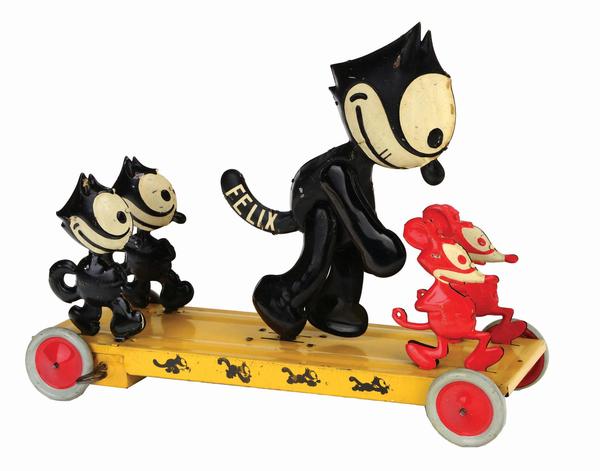 Large (14in long x 11in high) and very rare J.  Chein ‘Felix Frolic’ toy with central Felix figure, two smaller Felix figures, and two red mice.  Circa 1926.  One of only four known examples.  Ex Jeff Landes collection.  Estimate $20,000-$40,000