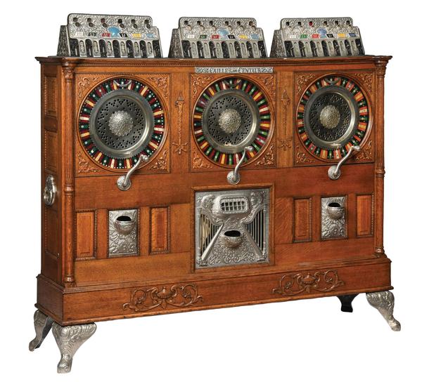 Only known example of a showstopping Caille Bros., ‘Triple Centaur Jackpot’ musical upright slot machine.  Accepts nickels/quarters/nickels in its three separately operating sections.  Original condition, including metal castings.  Working, with keys.  One owner since the 1970s.  Estimate $200,000-$300,000