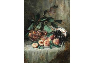 Berthe Vermorchen (Belgian 19th-20th Century), Cloth Table Top Still Life of Peaches and Grapes, oil on canvas ($2,000-$3,000)