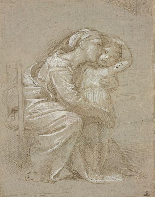 A seated mother embracing her child, c.  1512Metalpoint with white heightening on grey prepared paper, selectively indented for transfer, 16.1 x 12.6 cm© Ashmolean Museum, University of Oxford