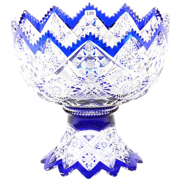 Beautiful cobalt cut to clear BPCG piece, 11 ½ inches by 12 inches, with hobstar, strawberry diamond, cane and zipper motif, attributed to Val St.  Lambert.