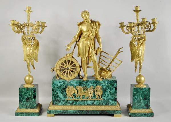 Malachite & Bronze Three PIece Clock Garniture