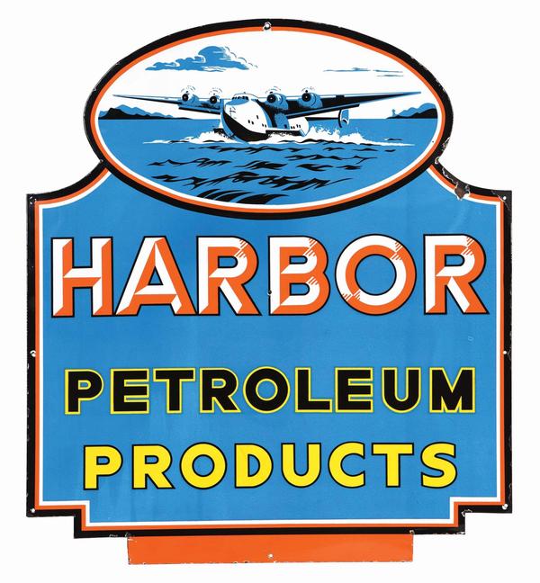 Top lot of the sale: a circa-1940s porcelain sign advertising Harbor Petroleum Products, Long Beach, California, with Boeing 314 Clipper airplane graphic, 8.9+ condition, 39 x 35in.  Sold for $44,000