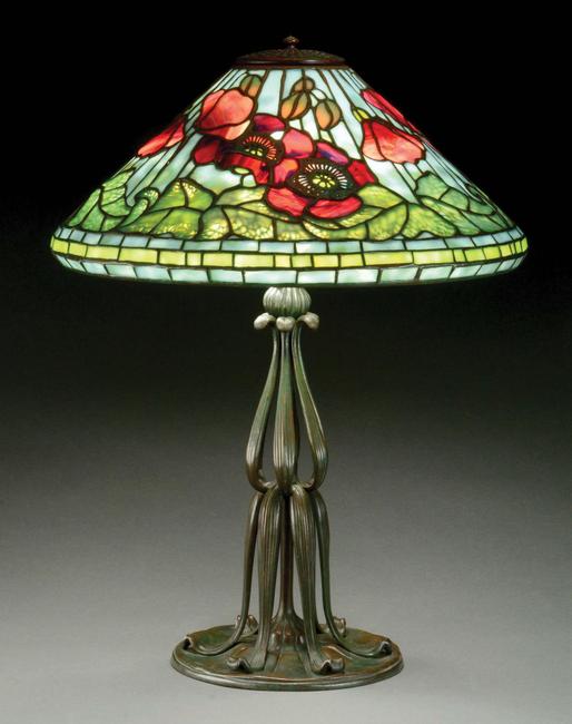 Tiffany Studios ‘Poppy’ table lamp, 22½ inches tall, signed on shade and base.  Estimate $100,000-$150,000