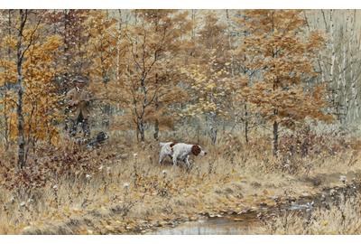 Arthur Burdett Frost (1851-1928) | "Fall Woodcock Shooting," 1885 | watercolor and gouache, 13.5 by 22.5 inches | Estimate: $70,000-$90,000