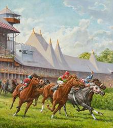 JENNESS CORTEZ American, b.  1944 Saratoga Horse Race, 1978 oil on canvas signed and dated lower right "Cortez ©1978" 36 1/4 x 32 inches Estimate: $6,000 - $8,000