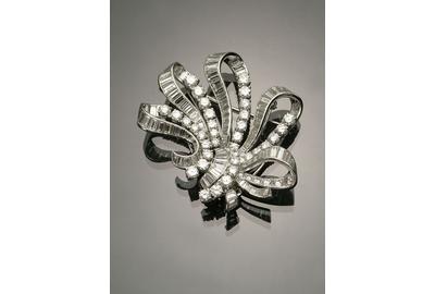 Pair of Platinum and Diamond Bow-Knot Clips, Mounted as Brooch