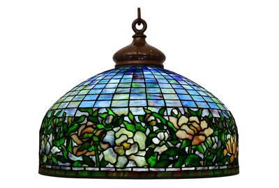 An expected top lot Saturday is this Tiffany Studios “Peony Border” chandelier ($80/120,000), circa 1910, having a 24-inch diameter, coming from a private collection in Chicago.  