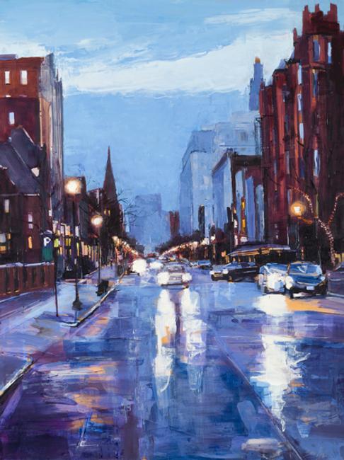 "Winter Morning on Newbury Street", 2014.  Oil on panel, 40 x 30 inches.