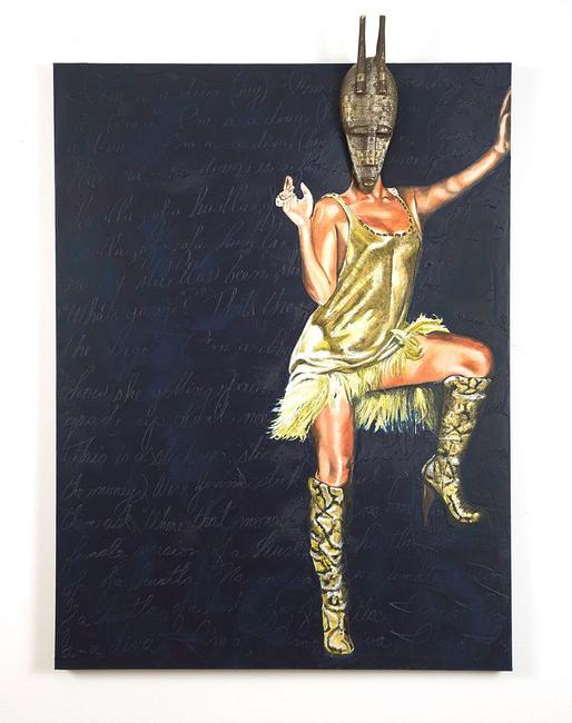 'Bamana Beyonce', 2010.  Oil and cold wax on canvas, and wood and metal african mask, 48 x 36 inches.