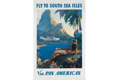 Paul George Lawler, Fly to South Sea Isles / Via Pan American, circa 1938.  Sold October 27, 2016 for $20,000.