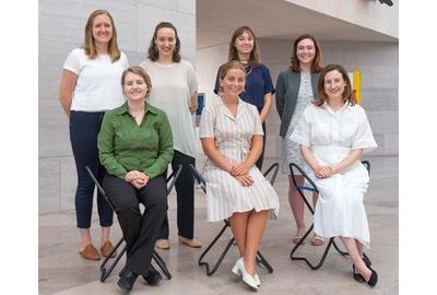 2019–2020 National Gallery of Art Interns.  Front row, left to right: Katie Brooks Toepp, Weezie Haley, and Ashley Hannebrink; Back row, left to right: Claralyn Burt, Michaela Milgrom, Isabella Beroutsos, and Tamsin McDonagh