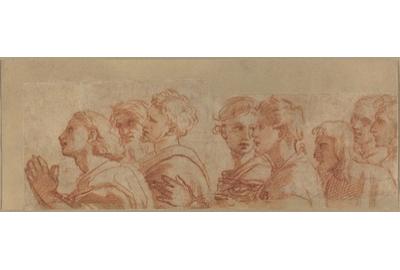 Raphael Eight Apostles, c.  1514 red chalk over stylus underdrawing and traces of leadpoint on laid paper, cut in two pieces and rejoined; laid down sheet: 8.1 x 23.2 cm (3 3/16 x 9 1/8 in.) support: 9.4 x 24.8 cm (3 11/16 x 9 3/4 in.) National Gallery of Art, Washington, Woodner Collection