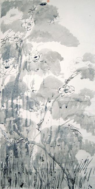 Locust and Peony by Walasse Ting, dated 1971.  Hanging scroll, ink on paper.  Entitled by Walasse Ting on the top of the scroll, one artist seal.  