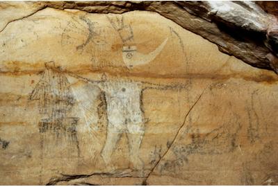 Referred to as the "Morning Star" panel, this is one example of over 290 prehistoric glyphs adorning the walls of Picture Cave.  Coming to auction along with 43 acres in Warrenton, Missouri on September 14 offered by Selkirk Auctioneers & Appraisers (St.  Louis).